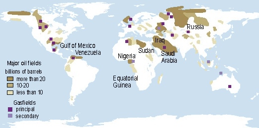 Map of major oil fields and energy. Image by Information for Action, a website for conservation and environmental issues